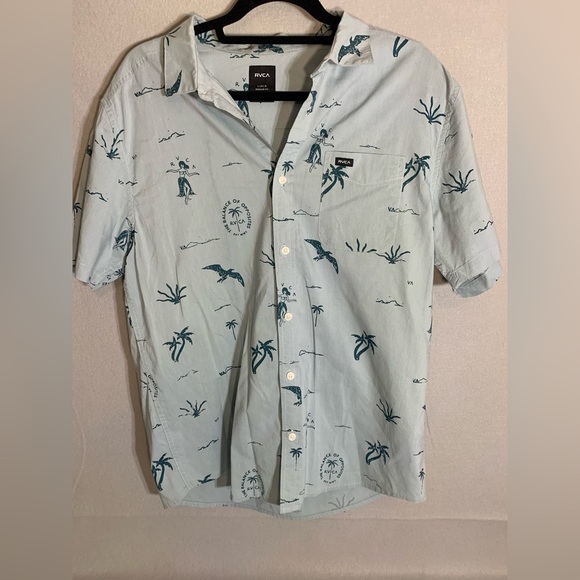 RVCA Other - RVCA Shirt Men L Blue Hawaiian Hula Hands Button Down Short Sleeve Regular Fit